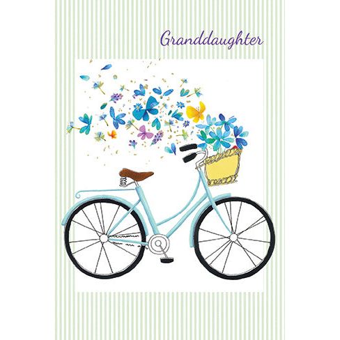 Colorful bicycle on striped birthday card for granddaughter by Pictura, featuring cheerful design for special occasions.